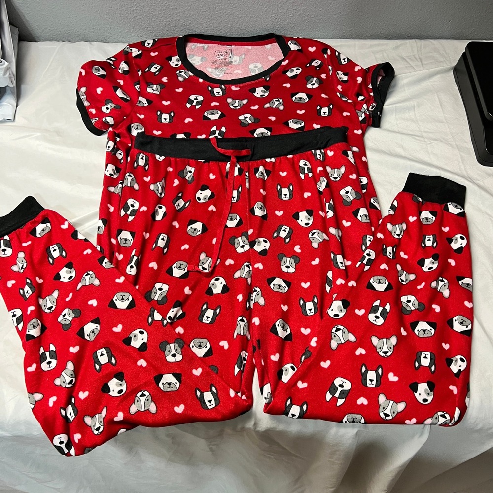 Pillow Talk Red Dog‎ Puppy Print Pajama Set Top Pants LG Sleepwear Loungewear